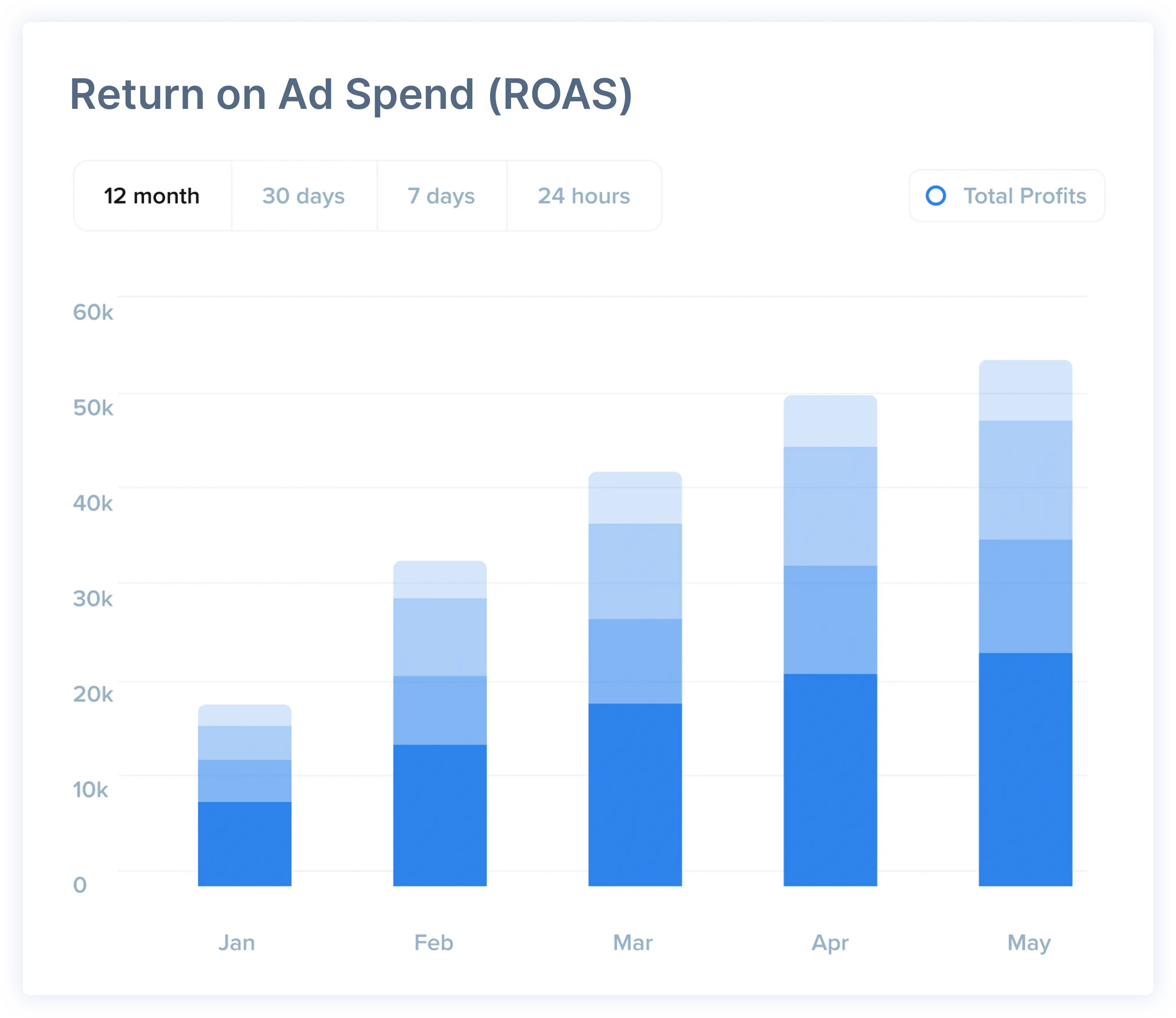Datae Business Intelligence Platform for Marketing Teams, report dashboard screen: Return on Ad Spend (ROAS)